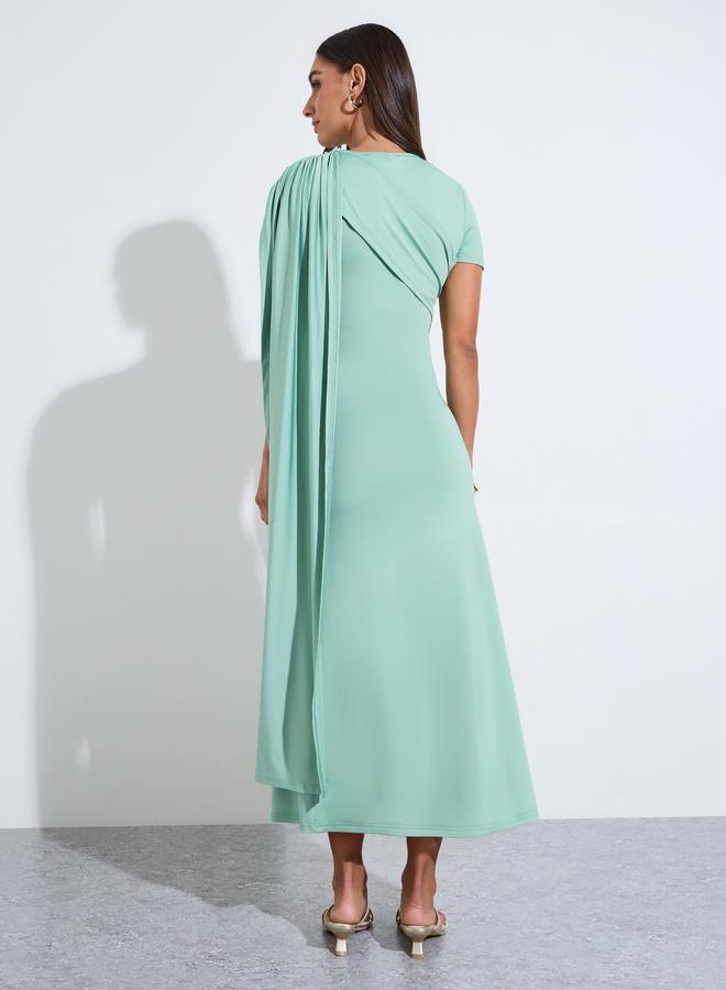 Styli Mint Green Solid Short Sleeves Midi Dress with Shawl - Image 5