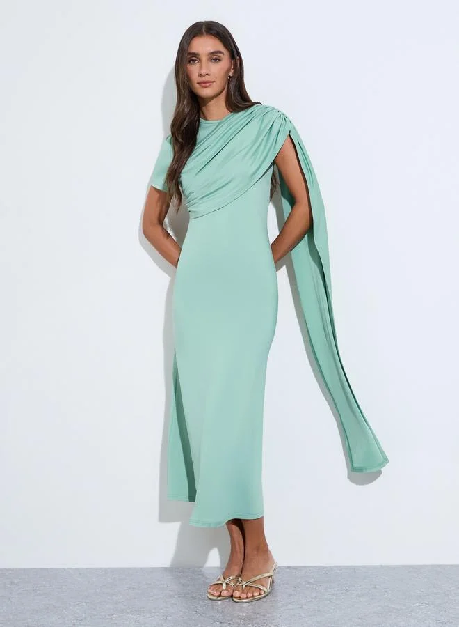 Styli  Mint Green Solid Short Sleeves Midi Dress with Shawl for Women | Best Price UAE
