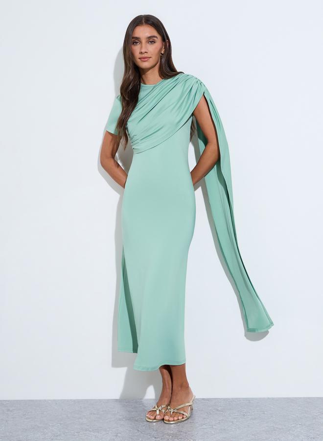 Styli Mint Green Solid Short Sleeves Midi Dress with Shawl - Image 3