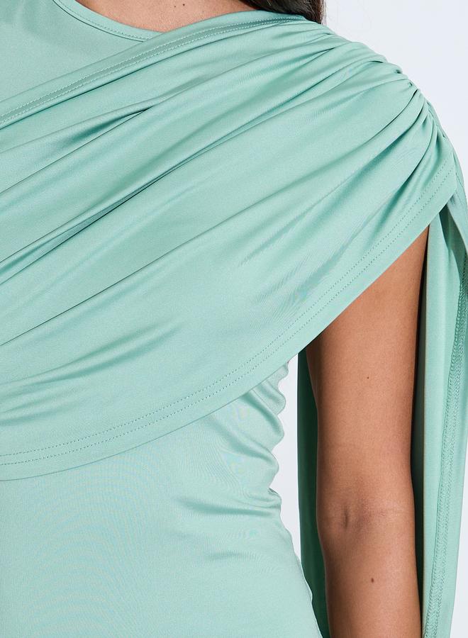 Styli Mint Green Solid Short Sleeves Midi Dress with Shawl - Image 4