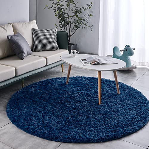 FJZFING Navy Blue Round Rug UltraSoft Plush Modern 4x4 Circle Area Rug for Kids Bedroom Fluffy Shag Circular Rug for Nursery Room NonSlip Home Decor Cute Navy Blue Carpet for Teens Room - Image 3