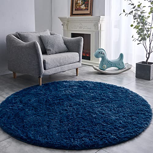 FJZFING Navy Blue Round Rug UltraSoft Plush Modern 4x4 Circle Area Rug for Kids Bedroom Fluffy Shag Circular Rug for Nursery Room NonSlip Home Decor Cute Navy Blue Carpet for Teens Room - Image 1