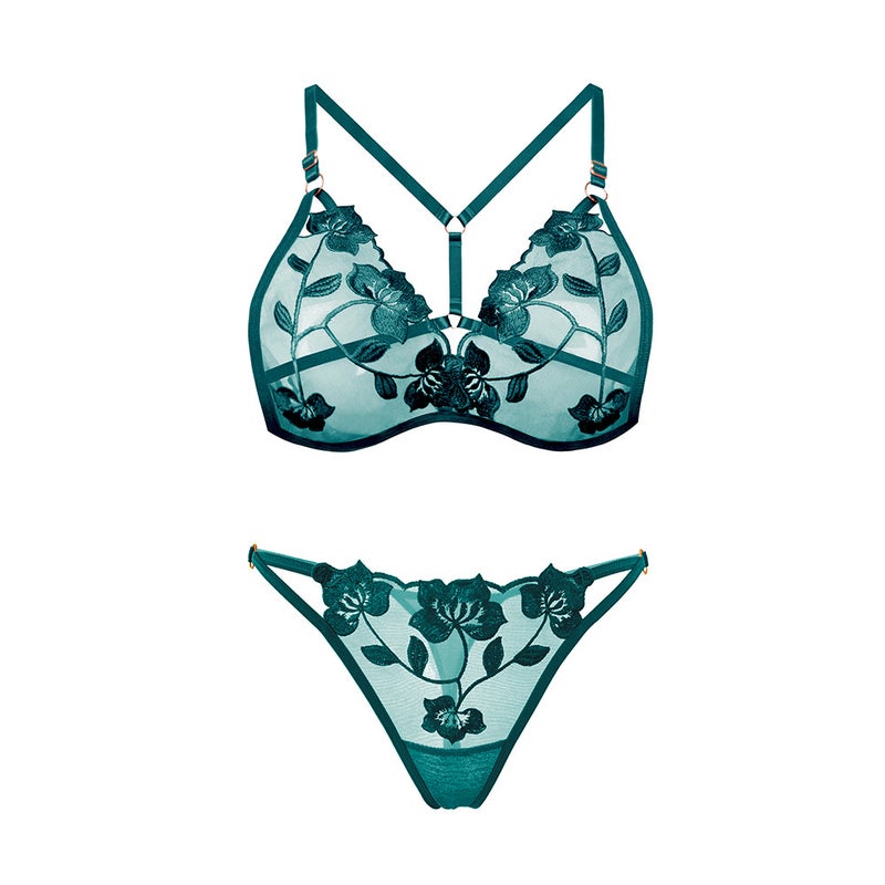 French Chic Sheer Embroidered Lingerie Set Dark green  - Image 1