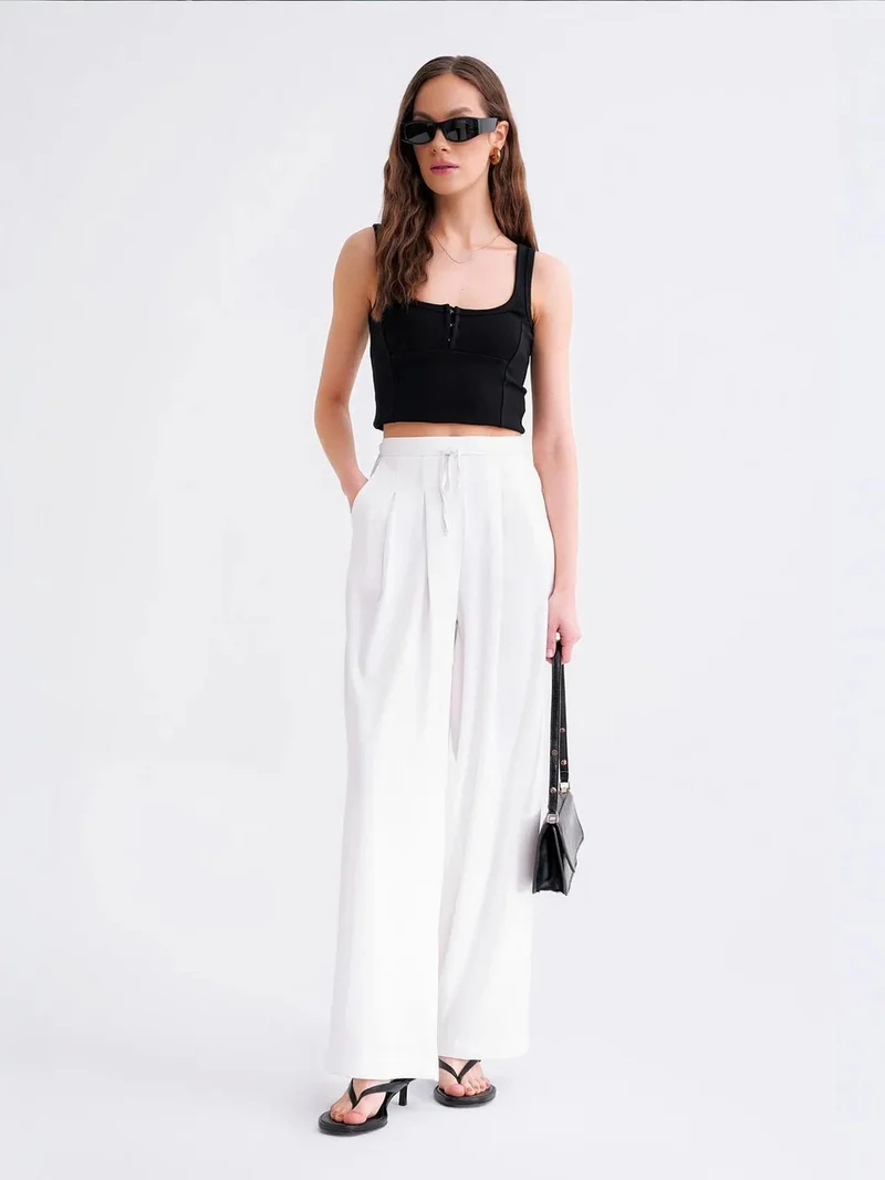 MixRay Dusty White Mixray High Waist Pleated Palazzo Pants for Women | Best Price UAE