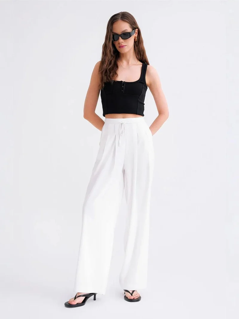 Mixray Dusty White Mixray High Waist Pleated Palazzo Pants for Women | Best Price UAE