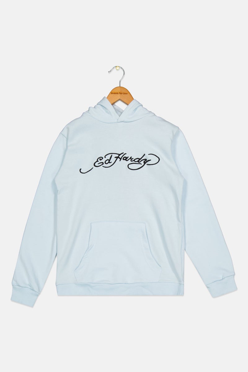 Ed Hardy سويت شيرت طويل الأكمام مع غطاء رأس للأطفال الأولاد، مزين بشعار، أزرق فاتح - Image 1