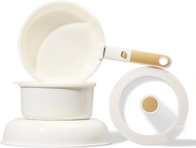 CAROTE 6-Piece Ceramic Cookware Set with Detachable Handle, Stackable Frying Pan & Saucepan with Lids, PFAS-Free Nonstick Healthy Cooking Set, All Kitchen Stovetop Compatible, Dishwasher Safe (Cream) - Image 1