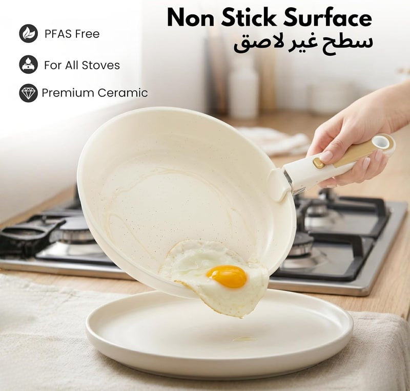 CAROTE 6-Piece Ceramic Cookware Set with Detachable Handle, Stackable Frying Pan & Saucepan with Lids, PFAS-Free Nonstick Healthy Cooking Set, All Kitchen Stovetop Compatible, Dishwasher Safe (Cream) - Image 3