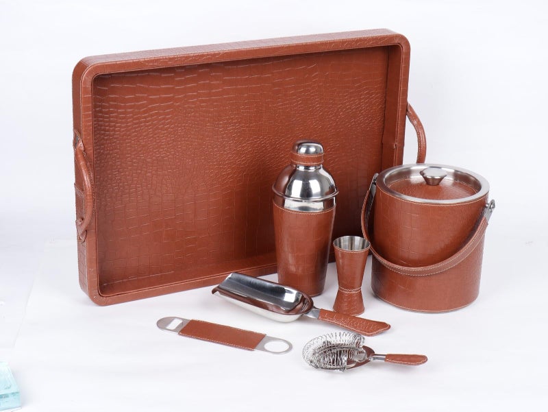 essart Faux Leather Croco Brown Portable Bar Set with Accessories Cocktail Shaker, Strainer, Ice Bucket, Ice Scooper, Peg Measure, Flat Bottle Opener, Tissue Box, Coaster Gifting for Men - Image 5