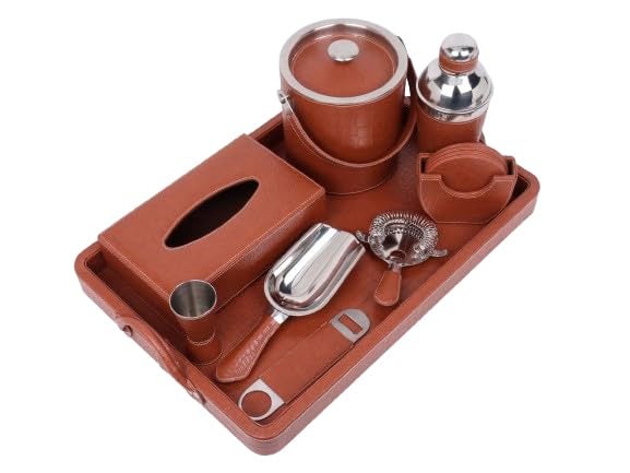 essart Faux Leather Croco Brown Portable Bar Set with Accessories Cocktail Shaker, Strainer, Ice Bucket, Ice Scooper, Peg Measure, Flat Bottle Opener, Tissue Box, Coaster Gifting for Men - Image 1