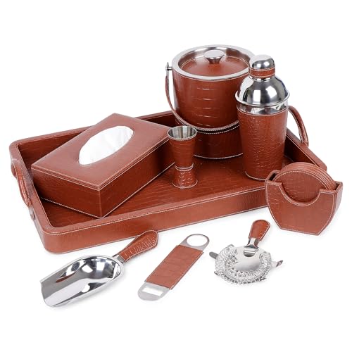 essart Faux Leather Croco Brown Portable Bar Set with Accessories Cocktail Shaker, Strainer, Ice Bucket, Ice Scooper, Peg Measure, Flat Bottle Opener, Tissue Box, Coaster Gifting for Men - Image 2