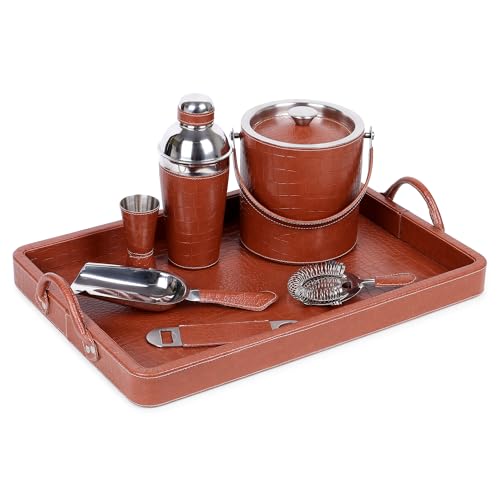 essart Faux Leather Croco Brown Portable Bar Set with Accessories Cocktail Shaker, Strainer, Ice Bucket, Ice Scooper, Peg Measure, Flat Bottle Opener, Tissue Box, Coaster Gifting for Men - Image 4