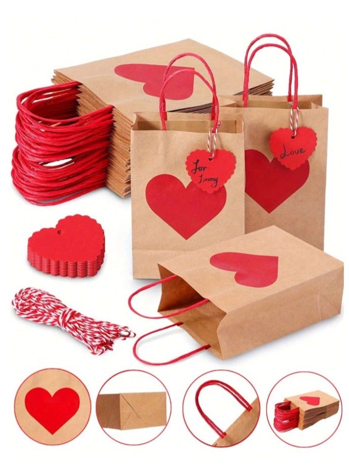 5 Red Heart Print Bags with Heart Shaped Card Attached by Rope to Bag for Engagement, Valentine's Day, Anniversary Gifts - Image 4