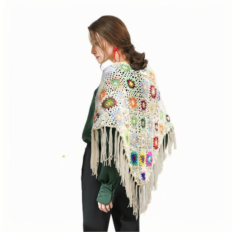 kunying 66x29 in Handmade Crochet tassels Fringed Poncho Cape Shawls Wraps Granny Square Womens Coat Sweater (Beige) - Image 2