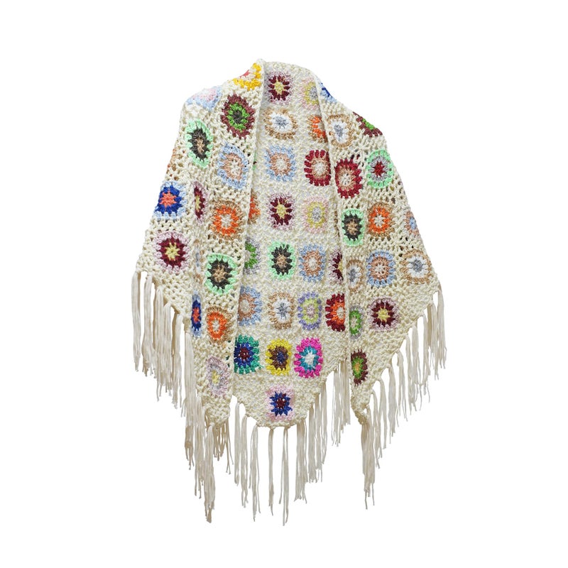 kunying 66x29 in Handmade Crochet tassels Fringed Poncho Cape Shawls Wraps Granny Square Womens Coat Sweater (Beige) - Image 1