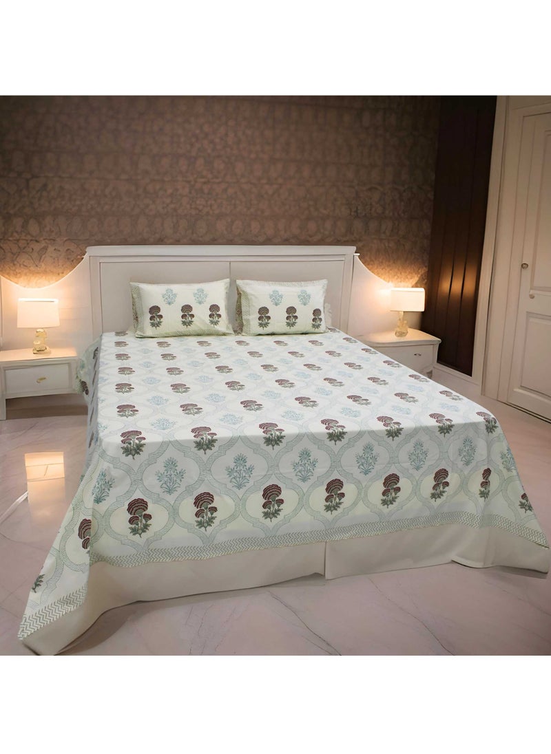 MARHABA CURTAIN 100% Cotton Jaipuri Handblock Print Double Bed Sheet with 2 Pillow Covers Premium Quality, Soft, Breathable (CREAMLILLY 10)  - Image 1