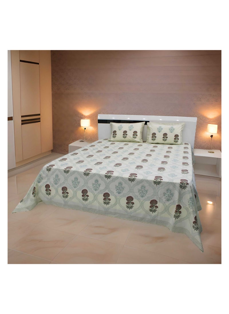 MARHABA CURTAIN 100% Cotton Jaipuri Handblock Print Double Bed Sheet with 2 Pillow Covers Premium Quality, Soft, Breathable (CREAMLILLY 10)  - Image 2