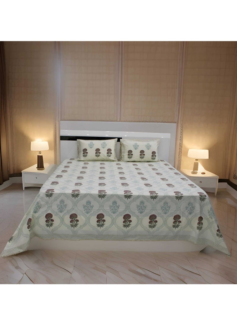MARHABA CURTAIN 100% Cotton Jaipuri Handblock Print Double Bed Sheet with 2 Pillow Covers Premium Quality, Soft, Breathable (CREAMLILLY 10)  - Image 3