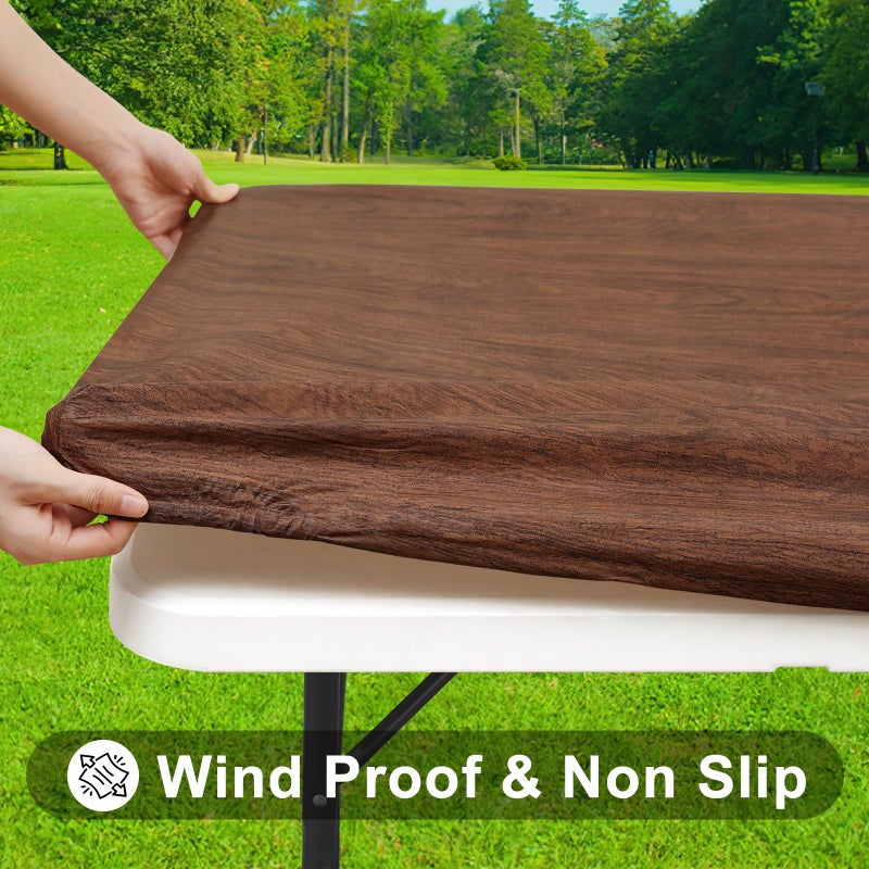 Smiry Rectangle Table Cloth Cover, Waterproof Elastic Fitted Picnic Tablecloth for 4 Foot Tables, Wipeable Flannel Backed Vinyl Tablecloths for Camping, Dining, Outdoor (Brown, 30" x 48") - Image 2