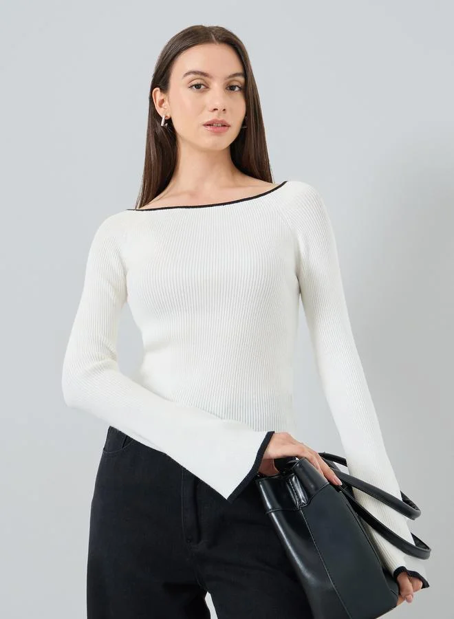 Take Two Take Two Solid Wide Neck Long Flare Sleeve Top
