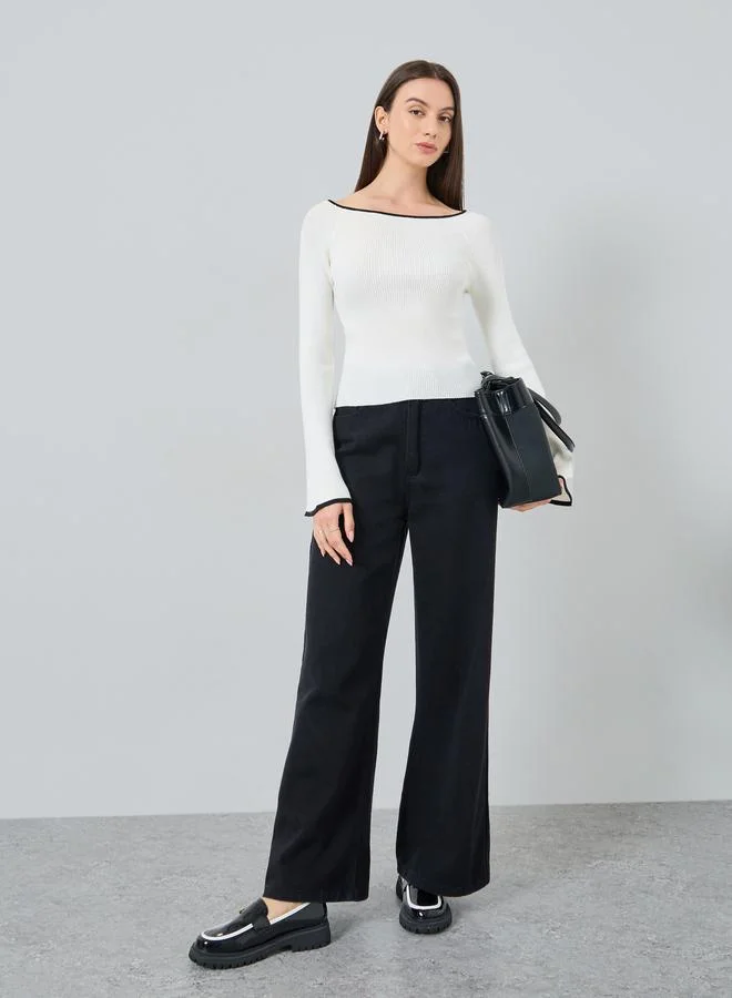 Take Two Take Two Solid Wide Neck Long Flare Sleeve Top