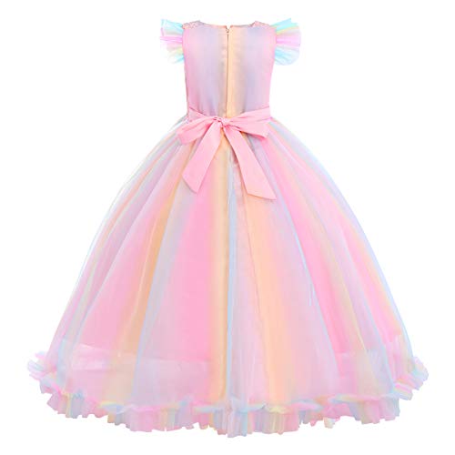 IWEMEK Flower Girls Embroidered Lace Bridesmaid Wedding Maxi Dress Sleeveless Floor Length Long Pageant Party Formal Princess First Communion Floral Boho Vintage Tulle Evening Dance Ball Gown Rainbow 11-12 - Image 3