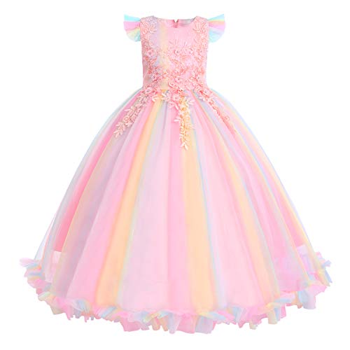 IWEMEK Flower Girls Embroidered Lace Bridesmaid Wedding Maxi Dress Sleeveless Floor Length Long Pageant Party Formal Princess First Communion Floral Boho Vintage Tulle Evening Dance Ball Gown Rainbow 11-12 - Image 1