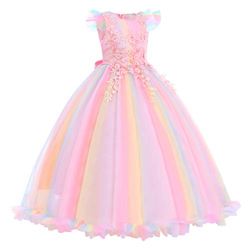 IWEMEK Flower Girls Embroidered Lace Bridesmaid Wedding Maxi Dress Sleeveless Floor Length Long Pageant Party Formal Princess First Communion Floral Boho Vintage Tulle Evening Dance Ball Gown Rainbow 11-12 - Image 2