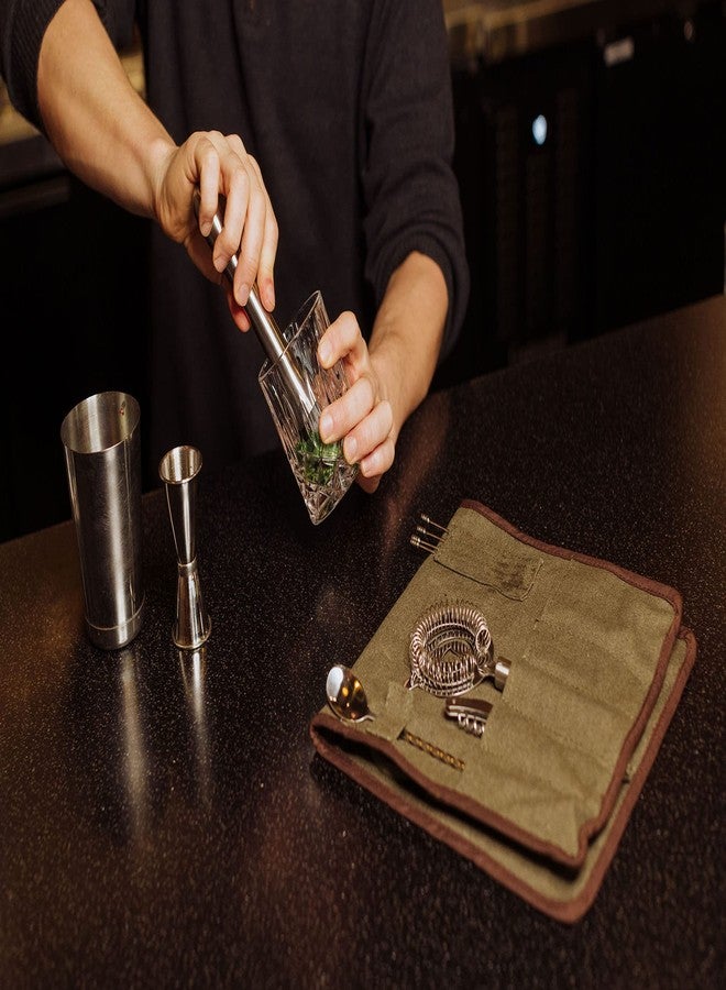 بيكنك تايم ليجاسي - علامة تجارية تابعة لشركة بيكنيك تايم، طقم أدوات بار ملفوف مكون من 10 قطع، طقم أدوات بار ملفوف مكون من 10 قطع، طقم سفر لمحترفي الخلط مع ملحقات الكوكتيل، (كاكي) - Image 4