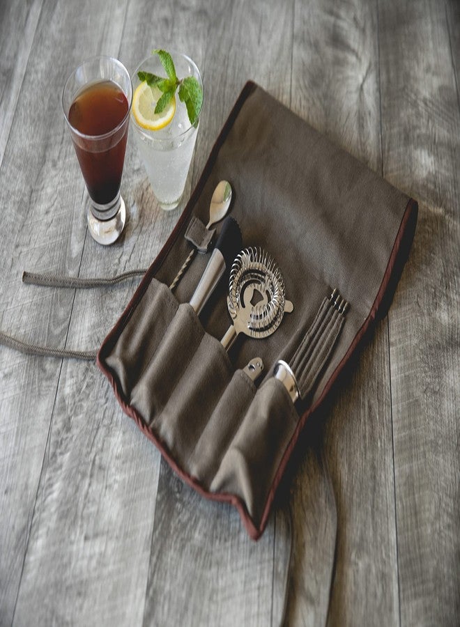 بيكنك تايم ليجاسي - علامة تجارية تابعة لشركة بيكنيك تايم، طقم أدوات بار ملفوف مكون من 10 قطع، طقم أدوات بار ملفوف مكون من 10 قطع، طقم سفر لمحترفي الخلط مع ملحقات الكوكتيل، (كاكي) - Image 3