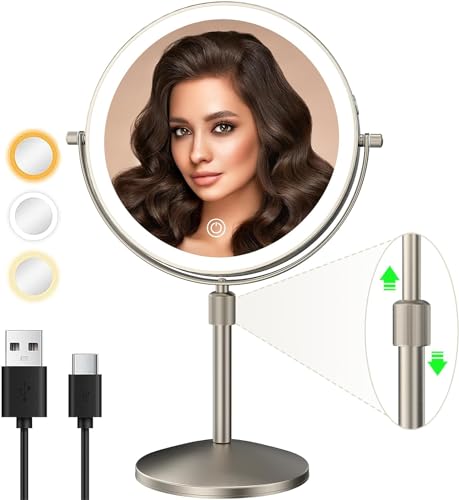 MIROAMZ 8" Lighted Makeup Mirror, 1X/10X Magnification with Light, Double Sided Dimmable, Rechargeable & Brightness & Height Adjustable, Cordless Vanity(Brushed Nickel) - Image 1