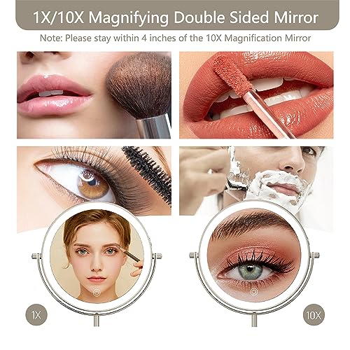 MIROAMZ 8" Lighted Makeup Mirror, 1X/10X Magnification with Light, Double Sided Dimmable, Rechargeable & Brightness & Height Adjustable, Cordless Vanity(Brushed Nickel) - Image 3