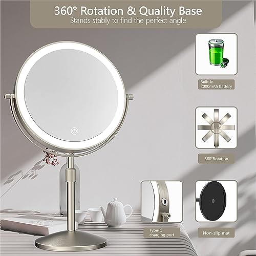 MIROAMZ 8" Lighted Makeup Mirror, 1X/10X Magnification with Light, Double Sided Dimmable, Rechargeable & Brightness & Height Adjustable, Cordless Vanity(Brushed Nickel) - Image 5