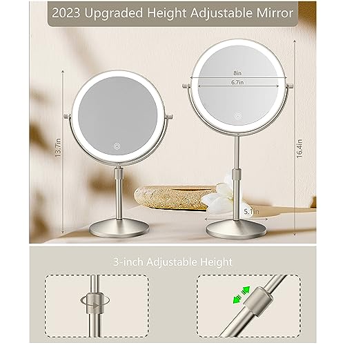 MIROAMZ 8" Lighted Makeup Mirror, 1X/10X Magnification with Light, Double Sided Dimmable, Rechargeable & Brightness & Height Adjustable, Cordless Vanity(Brushed Nickel) - Image 2