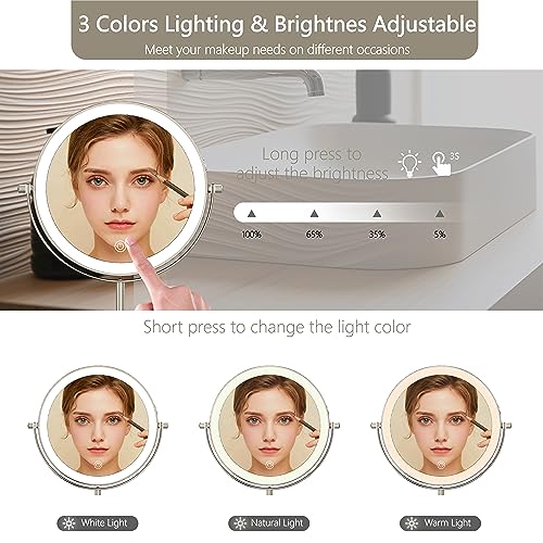 MIROAMZ 8" Lighted Makeup Mirror, 1X/10X Magnification with Light, Double Sided Dimmable, Rechargeable & Brightness & Height Adjustable, Cordless Vanity(Brushed Nickel) - Image 4