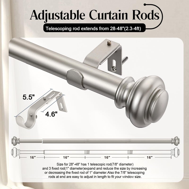 SIMEWIN Heavy Duty Curtain Rods for Windows 28 to 48 Inches, 1 Inch Silver Curtain Rods for Bedroom, Living Room, Patio, Kitchen, Adjustable Curtain Rods with Classic Finials, Silver Finishing - Image 5