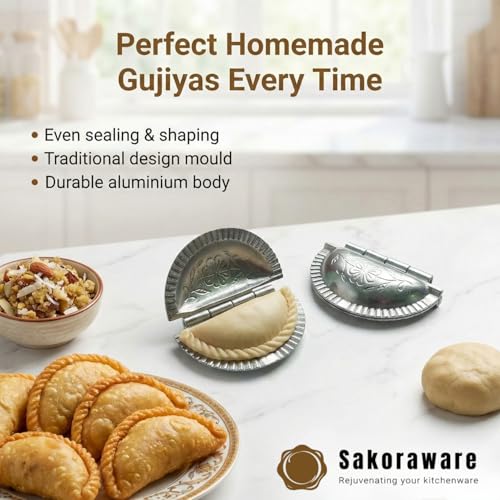 Sakoraware Aluminium Gujiya Karanji Dumpling Maker | Gujia Karjikai Mould Cutter Sacha Machine | Kitchen Molds | Ganesh Chaturthi | Holi | Diwali Festivals | Pack of 2| Perfect for Homemade Treats - Image 5