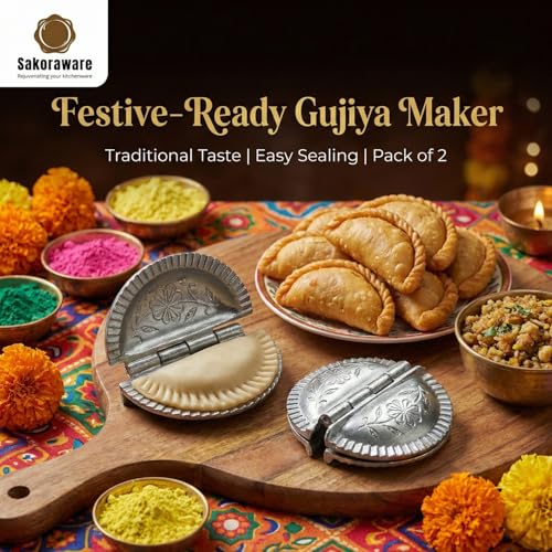 Sakoraware Aluminium Gujiya Karanji Dumpling Maker | Gujia Karjikai Mould Cutter Sacha Machine | Kitchen Molds | Ganesh Chaturthi | Holi | Diwali Festivals | Pack of 2| Perfect for Homemade Treats - Image 2