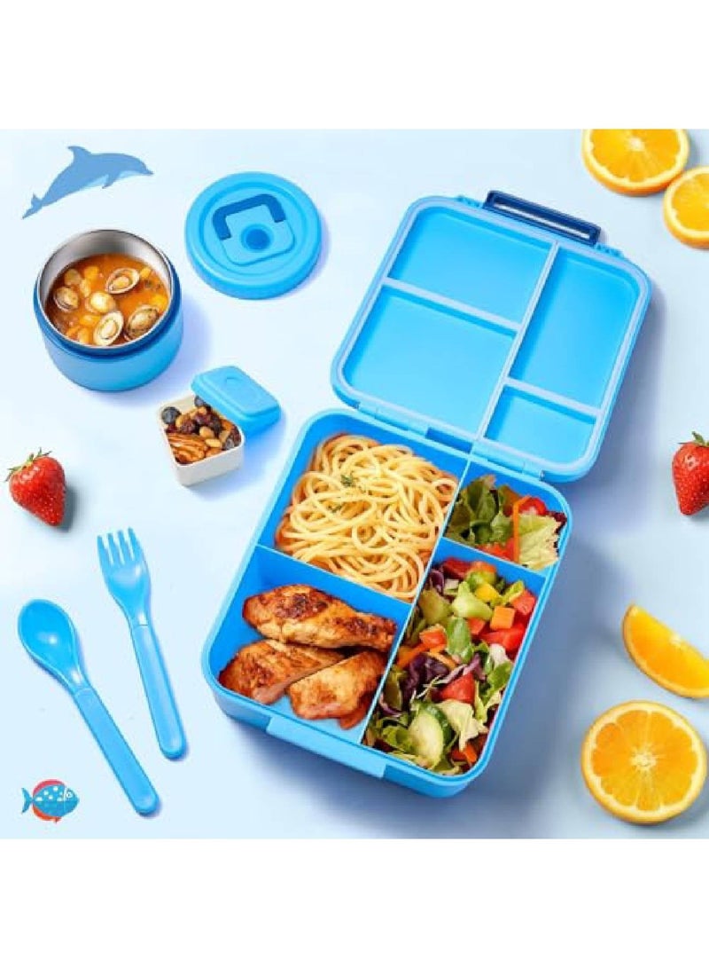 Adando Lunch Box for Kids, Children Bento Lunch Box with 4 Compartments for Student Aged 3-12, Leak-Proof Kids Lunchbox with Thermo Soup Bowl for Girls and Boys, Microwave| Dishwasher| Freezer Safe & Bpa-Free (Blue) - Image 5
