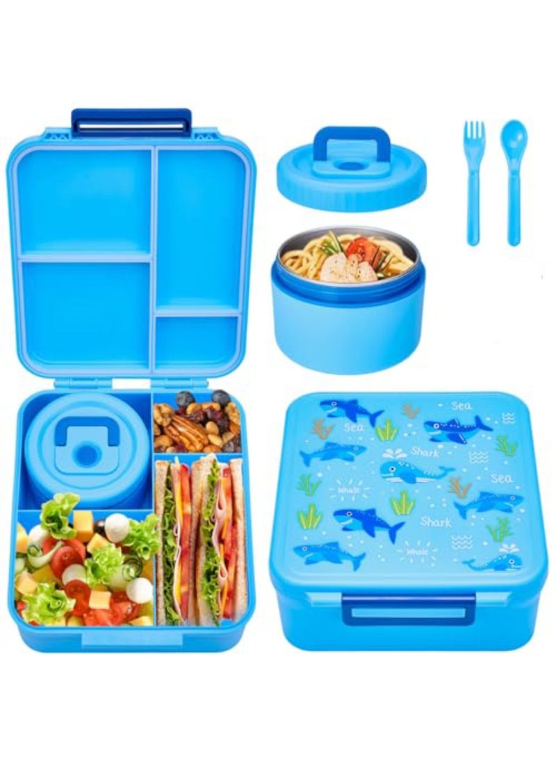 Adando Lunch Box for Kids, Children Bento Lunch Box with 4 Compartments for Student Aged 3-12, Leak-Proof Kids Lunchbox with Thermo Soup Bowl for Girls and Boys, Microwave| Dishwasher| Freezer Safe & Bpa-Free (Blue) - Image 1