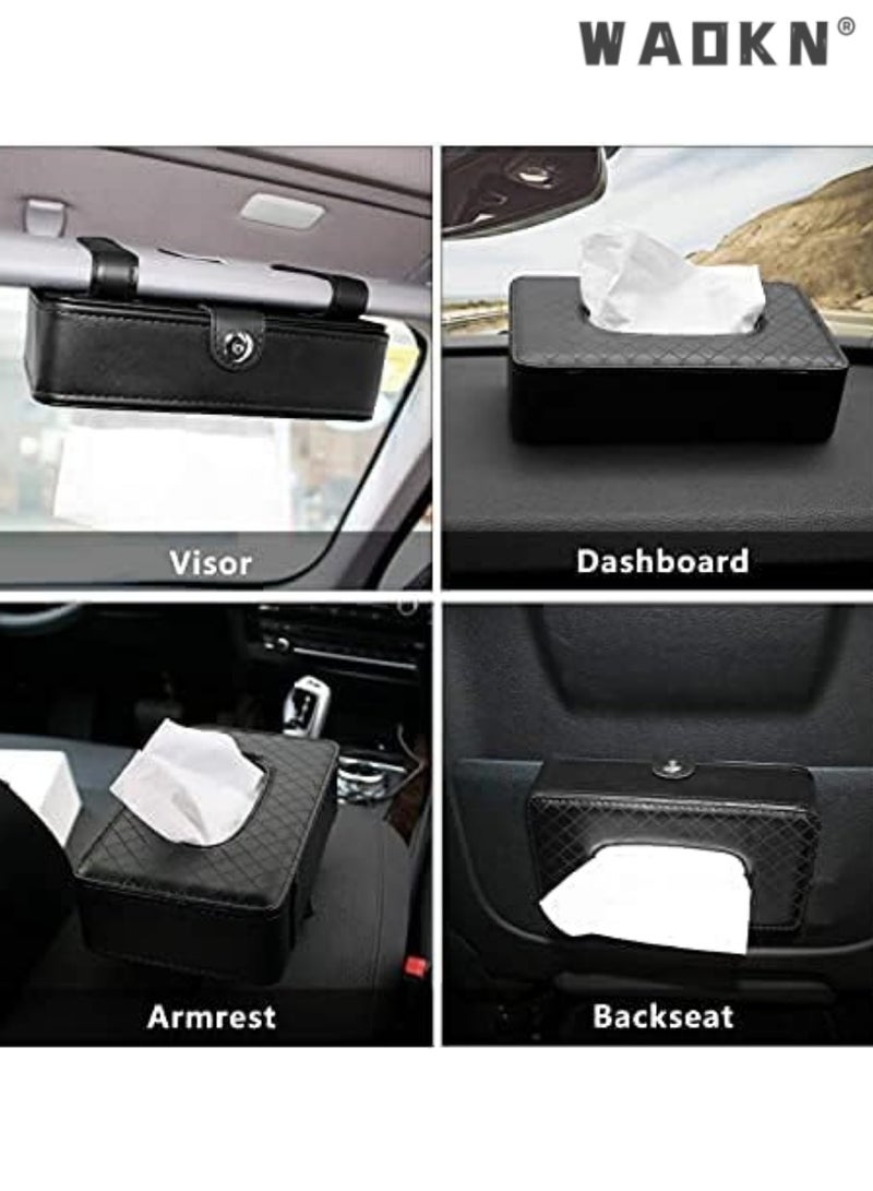 WAOKN Car Tissue Holder Sun Visor Tissue Holder, Car Visor Napkin Holder, Hanging Paper Clip, Tissue Paper Holder Dispenser, Napkin Tissue Tray Container, PU Leather Backseat Tissue Paper Box for Car, Black - Image 3