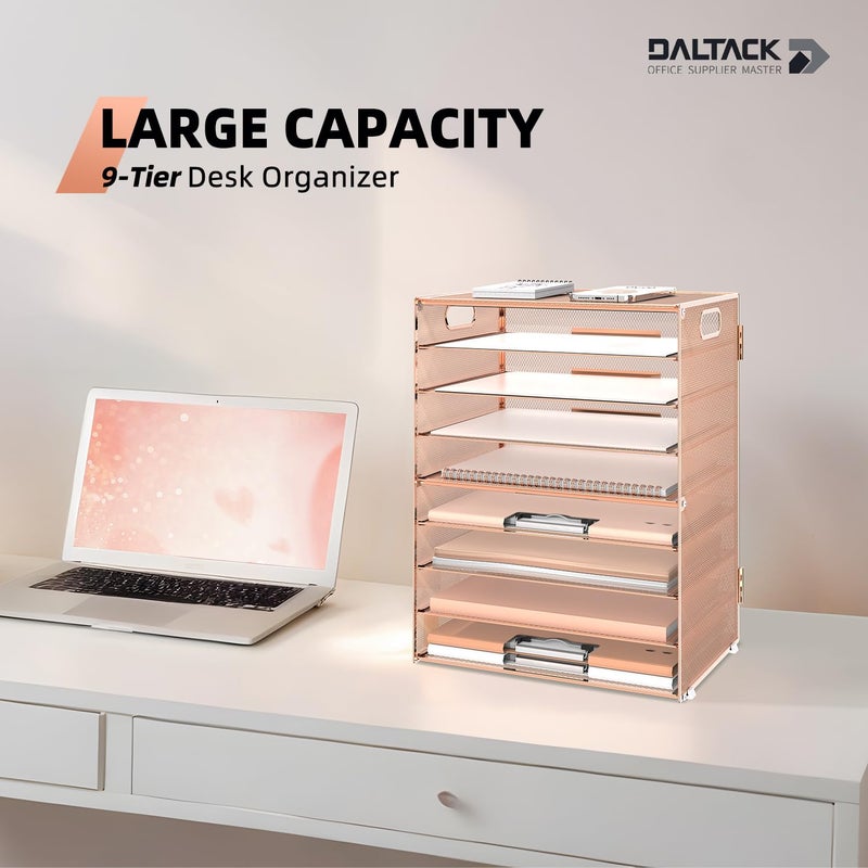 DALTACK 9-Tier Paper Letter Tray Desk Organizer with Handles, Mesh File Holder Organization, File Organizer for Desk Paper Sorter for Office Home School, Gold Rose - Image 3