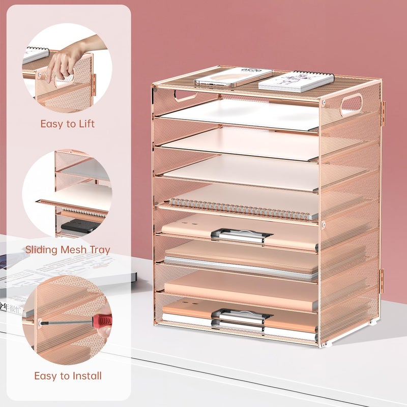 DALTACK 9-Tier Paper Letter Tray Desk Organizer with Handles, Mesh File Holder Organization, File Organizer for Desk Paper Sorter for Office Home School, Gold Rose - Image 4