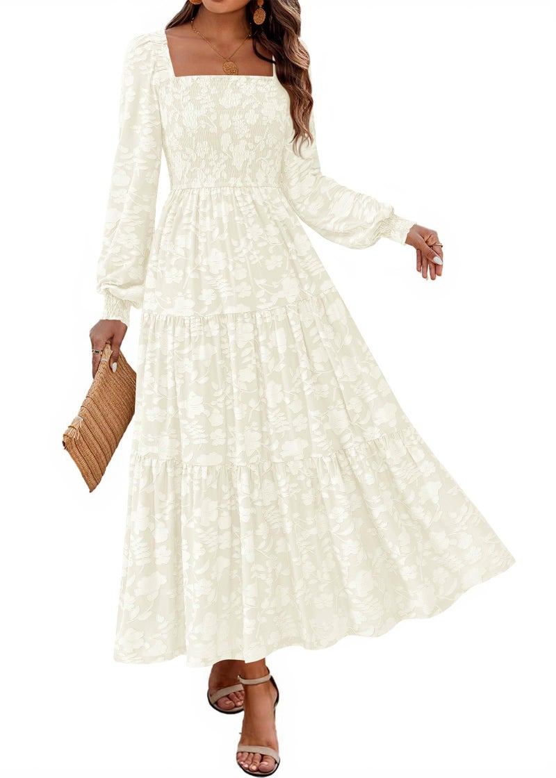 KIRUNDO Wedding Guest Dresses for Women Spring 2026 Long Sleeve Smocked Floral Flowy A Line Boho Maxi Dress Fashion Clothing (Cream, Large) - Image 1
