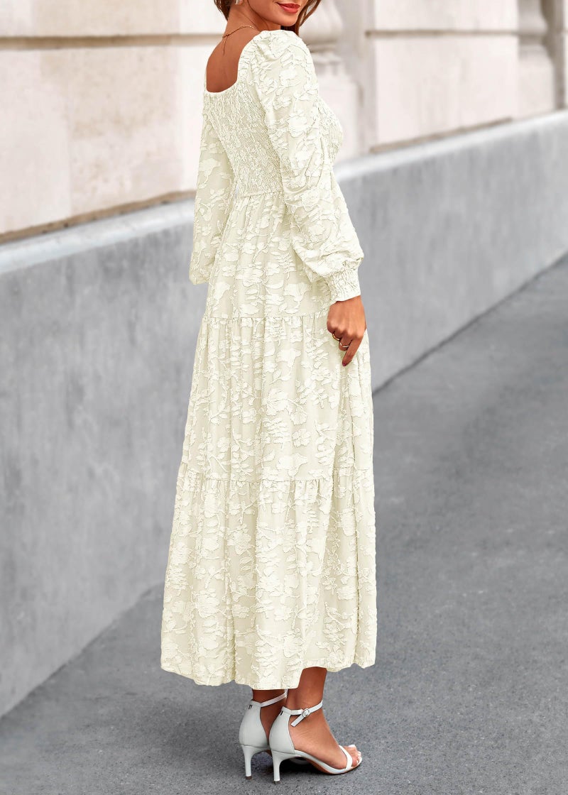 KIRUNDO Wedding Guest Dresses for Women Spring 2026 Long Sleeve Smocked Floral Flowy A Line Boho Maxi Dress Fashion Clothing (Cream, Large) - Image 2