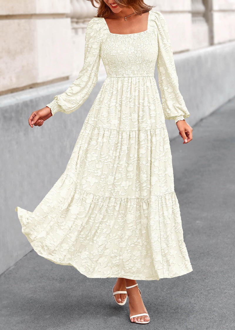 KIRUNDO Wedding Guest Dresses for Women Spring 2026 Long Sleeve Smocked Floral Flowy A Line Boho Maxi Dress Fashion Clothing (Cream, Large) - Image 3
