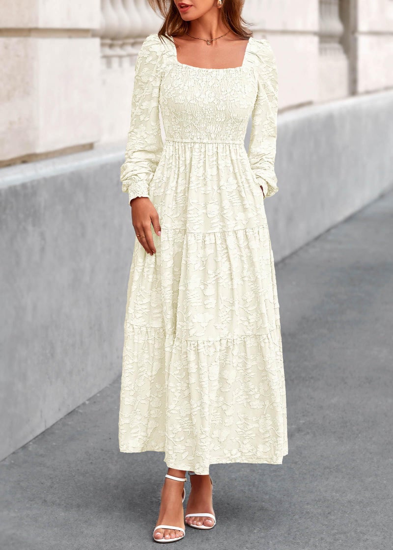 KIRUNDO Wedding Guest Dresses for Women Spring 2026 Long Sleeve Smocked Floral Flowy A Line Boho Maxi Dress Fashion Clothing (Cream, Large) - Image 5
