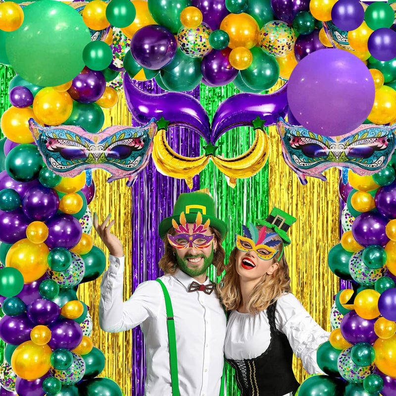 MAFENT 116 Pcs Mardi Gras Decorations - 2Pack Mardi Gras Tinsel Foil Fringe Curtains With Big Aluminum Mask Balloons Green Purple Gold Mardi Gras Balloons For Mardi Gras Party Carnival Decoration - Image 3