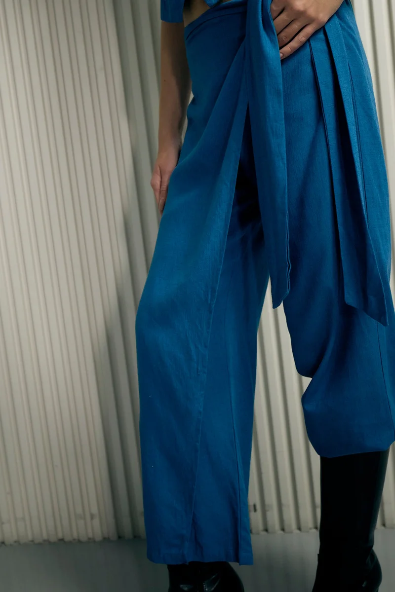 Virgio Blue Solid Linen Blue Overlap Wrap Pant for Women for Women | Best Price UAE