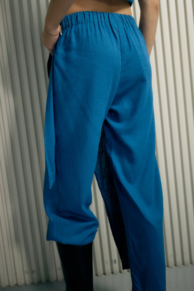 Virgio Blue Solid Linen Blue Overlap Wrap Pant for Women for Women | Best Price UAE